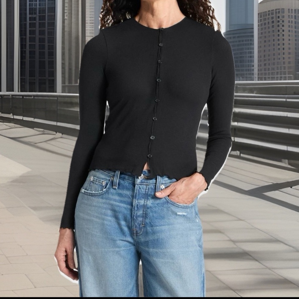 Cardigan Ribbed Full Length Button-Down Rayon Ribbed Trim Edges Long Length Hem